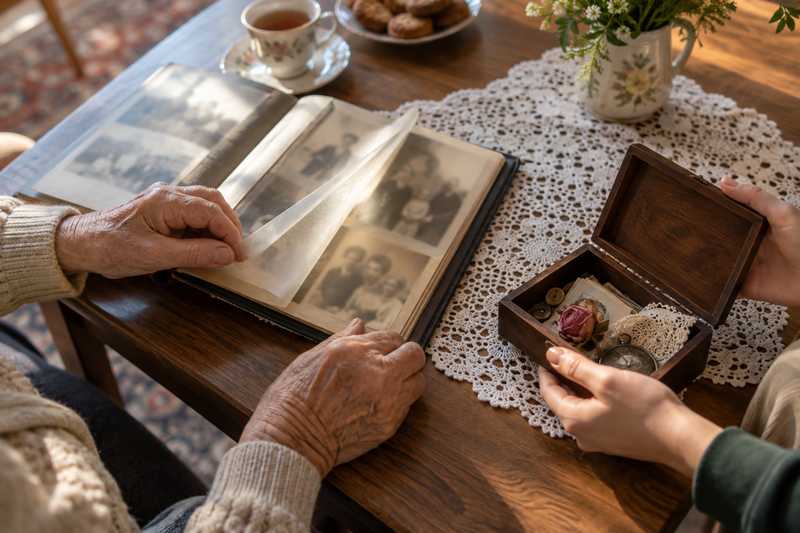 Mains âgées tournant les pages d'un album photo près d'une boîte ouverte
