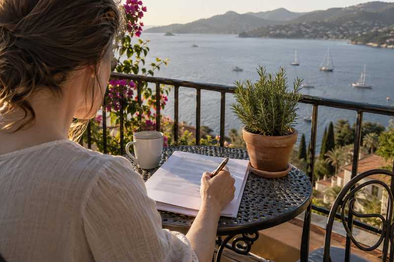 Main tenant un stylo au-dessus d'un document agrafé sur un balcon face à la baie