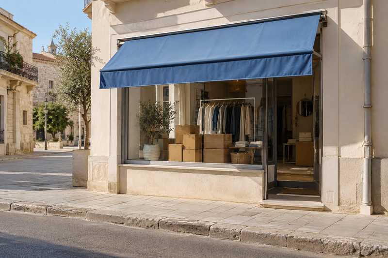Cartons alignés derrière la vitrine d'une boutique au store à moitié baissé