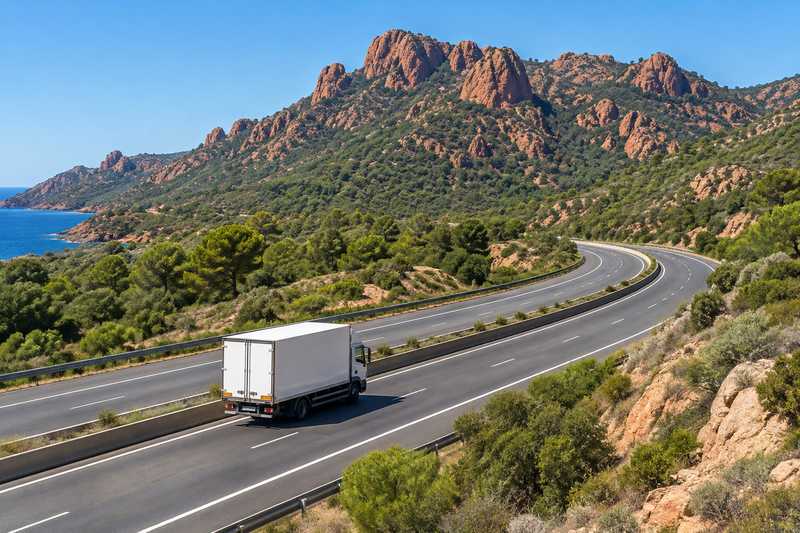 Camion de déménagement sur l'autoroute au pied d'un massif de roche rouge