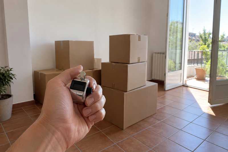 Main tenant un compteur manuel devant des piles de cartons dans une pièce vidée
