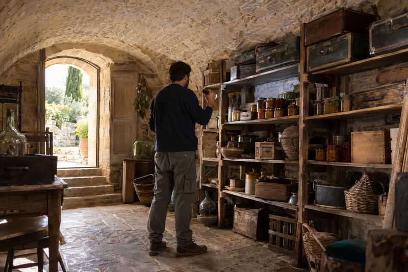 Conseiller éclairant à la lampe les étagères d'une cave encombrée