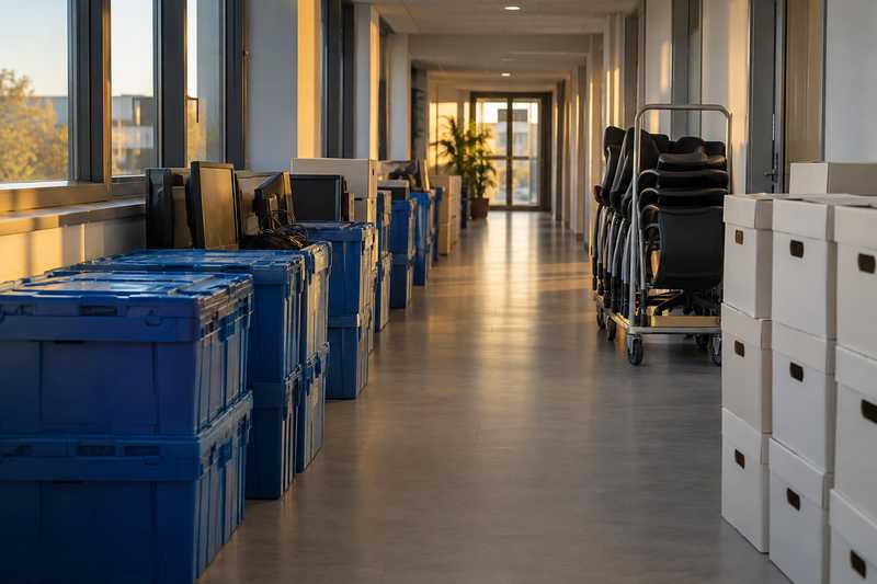 Bacs informatiques, chaises et cartons d'archives rangés en trois files séparées