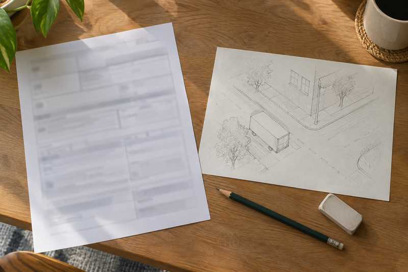 Formulaire et croquis de rue posés sur un bureau à côté d'un crayon