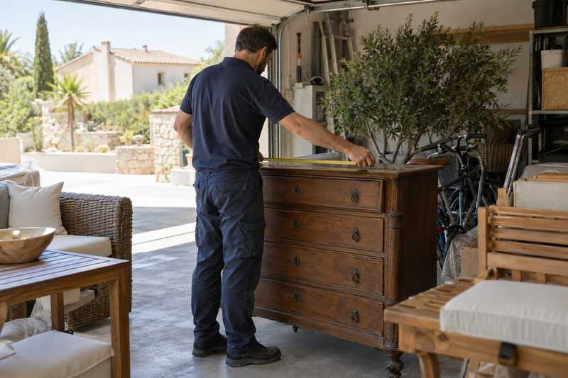 Déménageur mesurant une commode ancienne dans un garage de villa