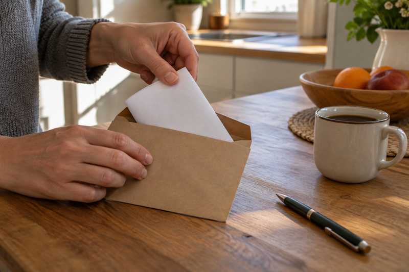 Main glissant une lettre pliée dans une enveloppe kraft sur une table