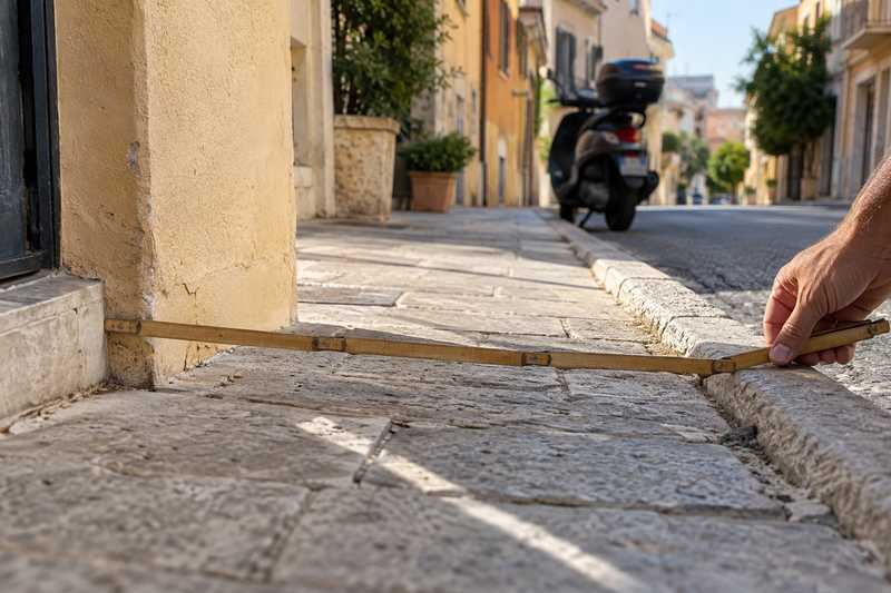 Mètre pliant en bois déplié au ras d'une façade sur un trottoir étroit