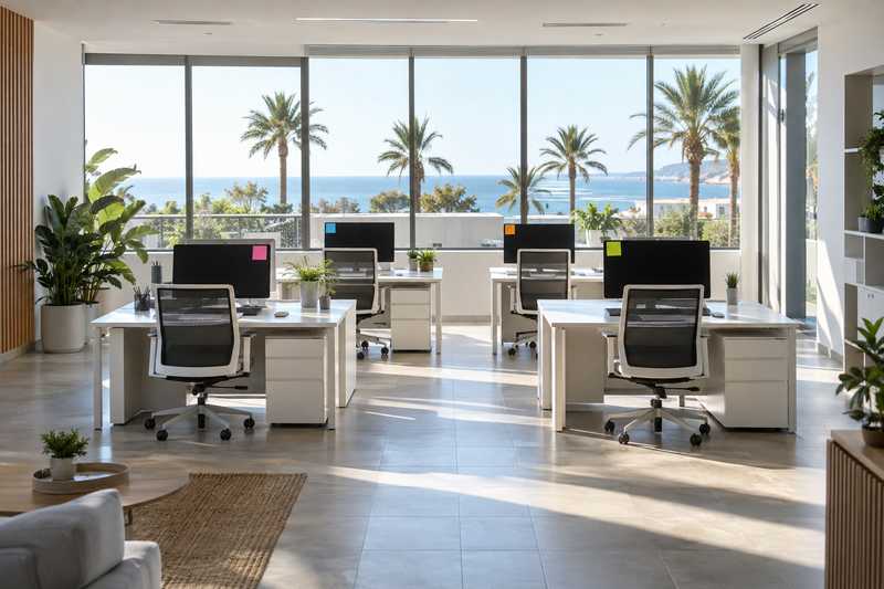 Écrans d'un plateau de bureaux repérés par des étiquettes vierges de couleur