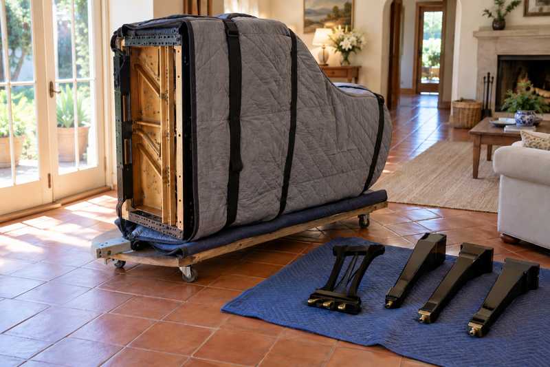 Piano à queue couché sur sa tranche, pieds démontés, sous une housse matelassée