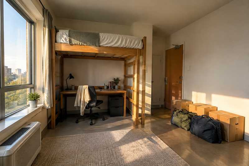 Studio à lit mezzanine avec trois cartons et deux sacs prêts près de la porte