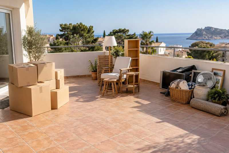Objets triés en trois tas distincts sur une terrasse carrelée