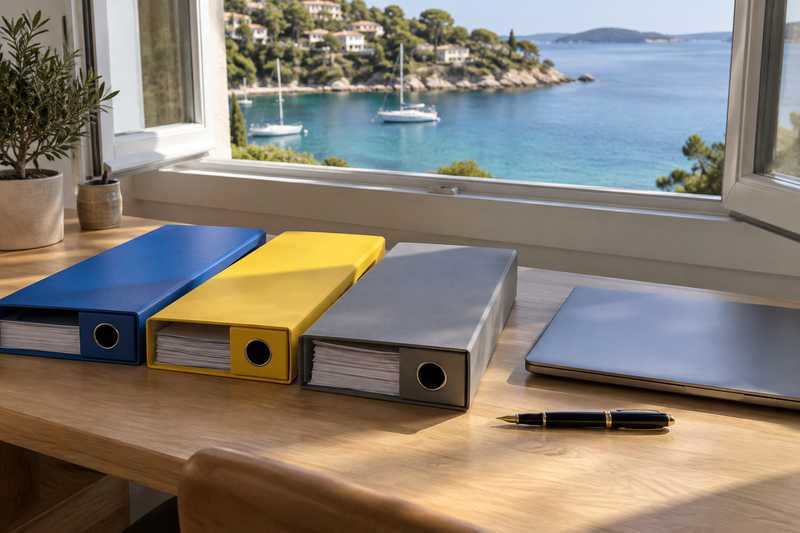 Trois pochettes de couleur alignées sur un bureau face à la mer