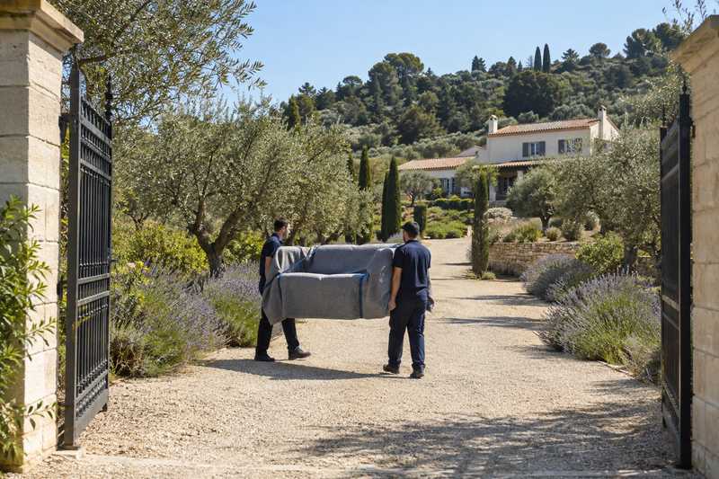 Deux déménageurs portant un canapé emballé dans l'allée d'une villa entourée d'oliviers